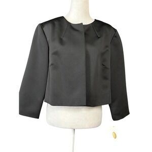 Talbots‎ Jacket Womens 16 Black Cropped Collarless Open Front 3/4 Sleeve Lined